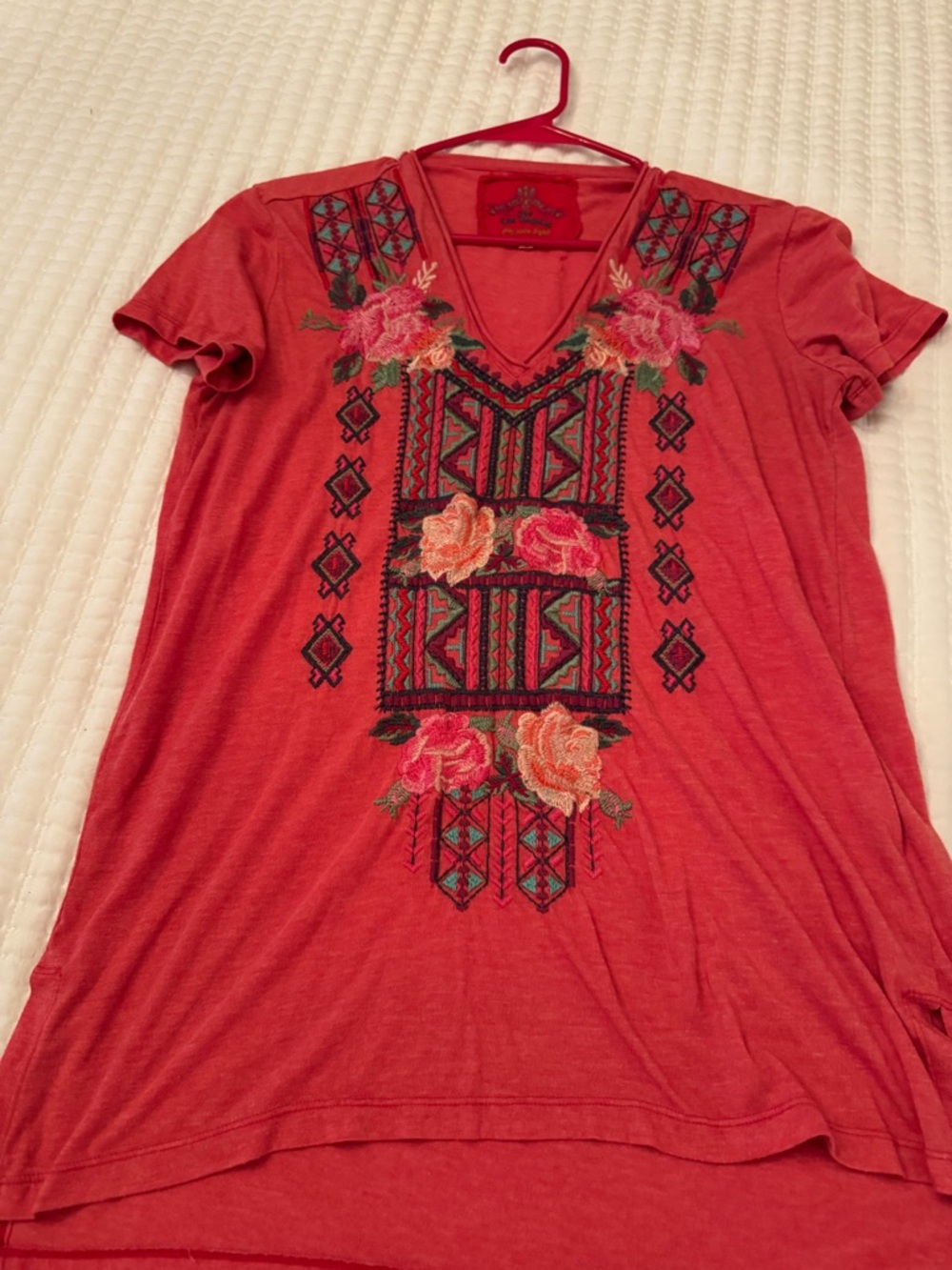 Johnny Was Coral Red Embroidered V-Neck Short Sleeve Tee